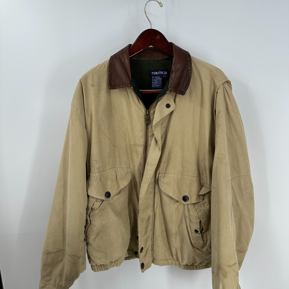Vintage 90's Nautica Outdoor Leather Collar Full Zip Bomber Jacket Beige Size L